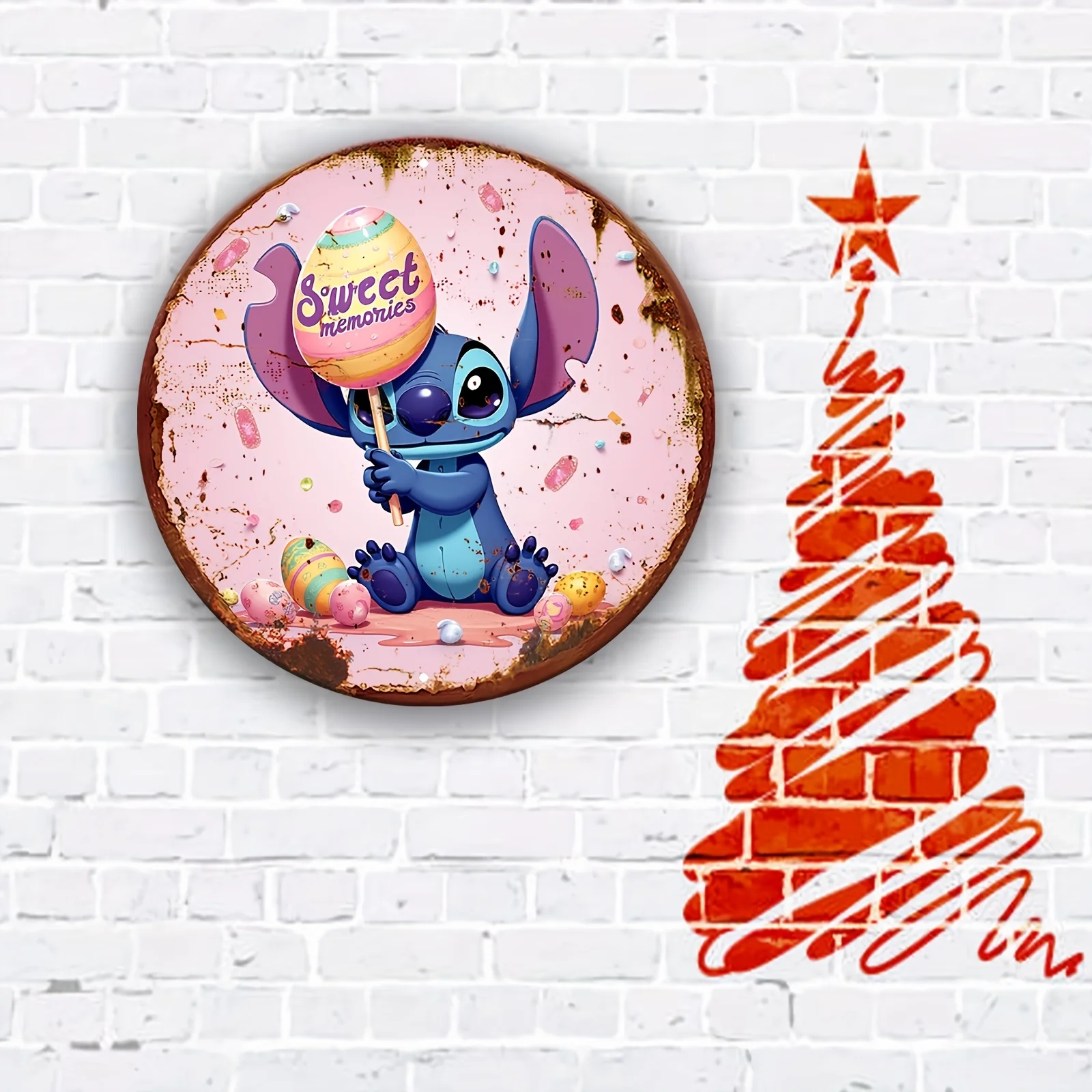 قطعة واحدة من ديكور الحائط - لافتة معدنية دائرية من الألومنيوم مع تصميم ذكريات حلوة، فن نابض بالحياة ثنائي الأبعاد للمنزل والمكتب والمقهى وعيد الفصح