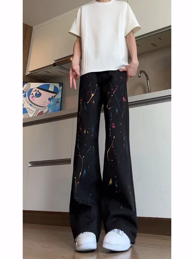 2025 outono novo masculino branco splatter pintura jeans estilo rua perna larga perna reta ligeiramente queimado calças jeans