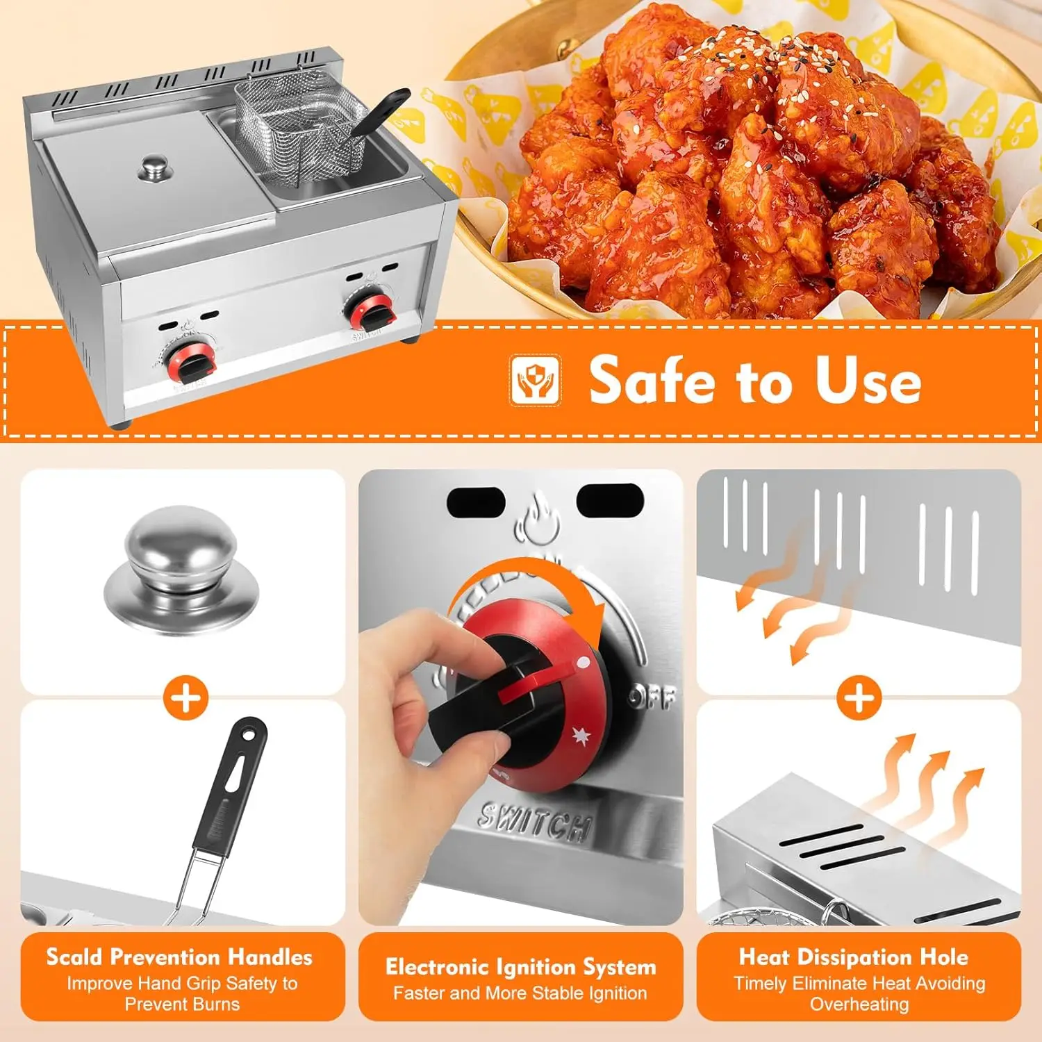 Commercial Gas Deep Fryer 12L Stainless Steel Dual Tank Gas Deep Fryer with 2 Baskets&Lid Countertop Fryer Frying Machine for Re