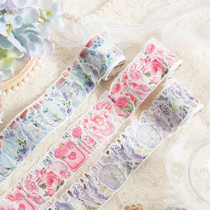 50Pcs Per Roll Tape Tags Colorful Rose Garden Decorative Stciker Flowers Base Paper scrapbook Watercolor Pink perfume Collage