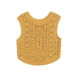 2024 Retro Sleeveless Knitted Vest Vest Women's Early Autumn New Loose Hollow Sweet Casual Short Top