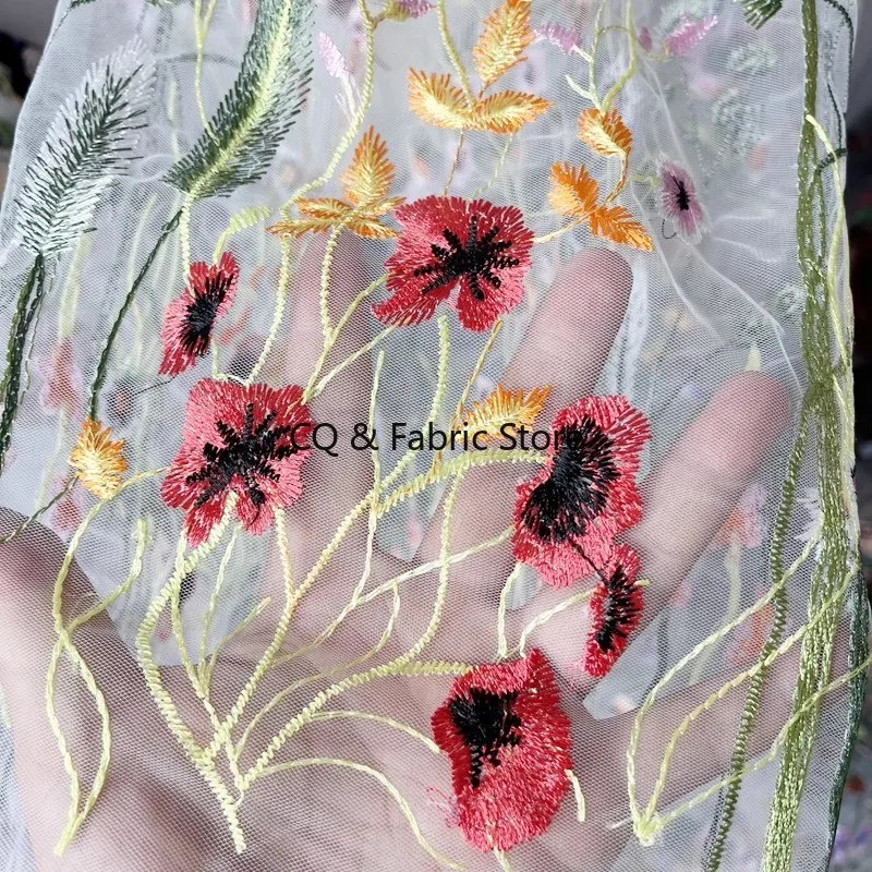 

White Colorful Embroidery Mesh Lace Fabric Skirt Women's Dress Fabric Multicolor Water Flower Clothing Home Decoration Fabric