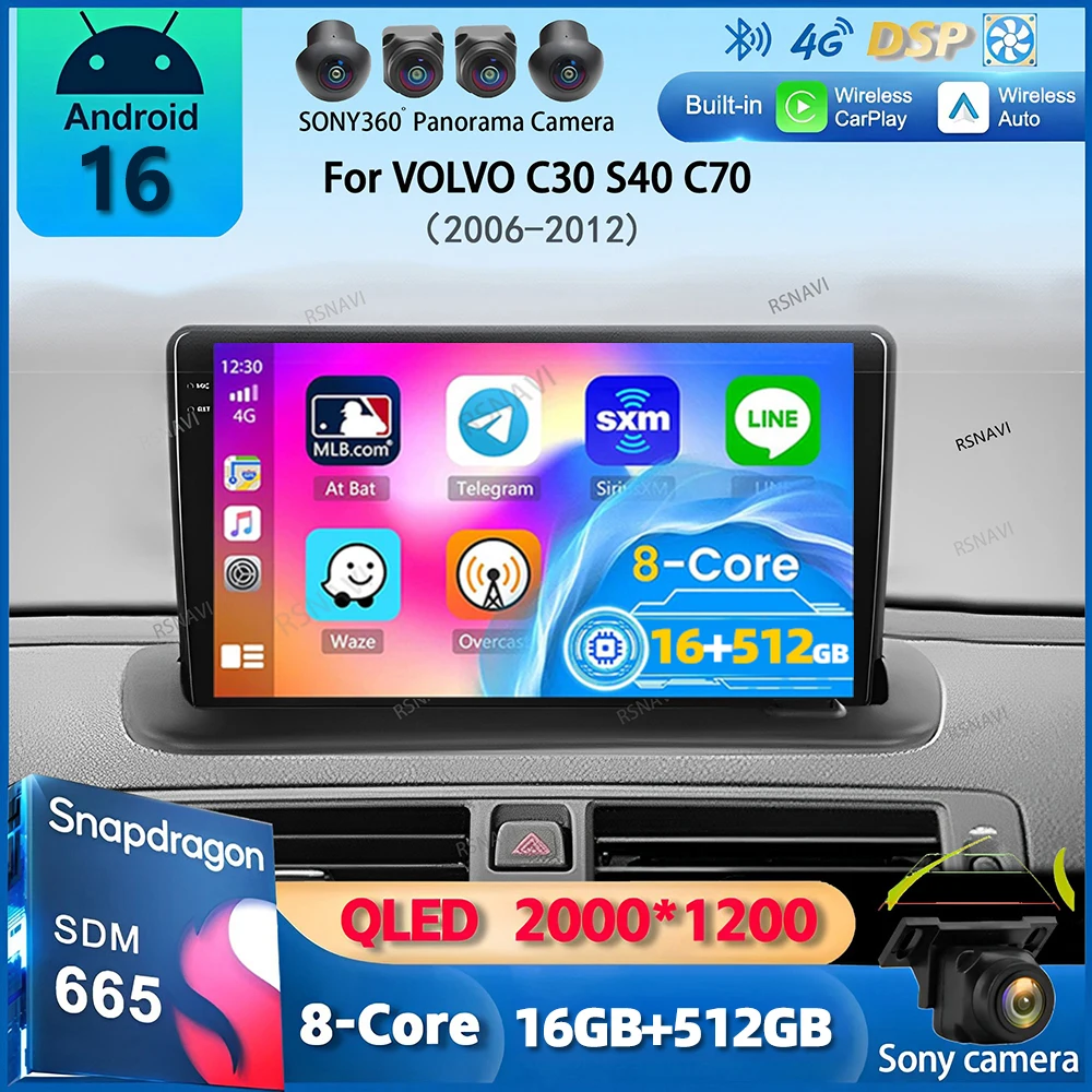 Radio para Auto Android 16 con Carplay para VOLVO C30 S40 C70 2006-2009 2010 2011 2012, Navegación GPS, Reproductor Multimedia de Video, Estéreo