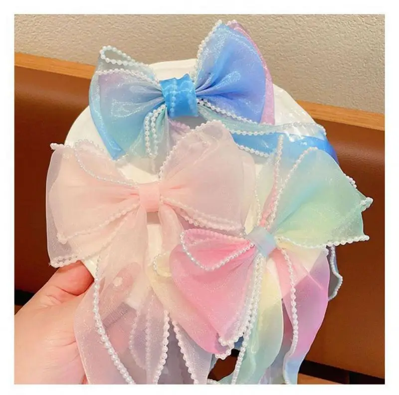 Pearl Organza Bow Tie Ribbon Hair Clip For Children Sweet New Style Braided Hair Versatile Ribbons Super Fairy Duckbill Clip