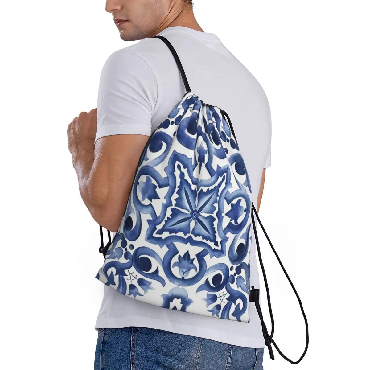 

Blue Ornate Floral Mediterranean Sicilian Tile Backpacks Casual Drawstring Bundle Pocket Sports Bag Book Bags for Travel School