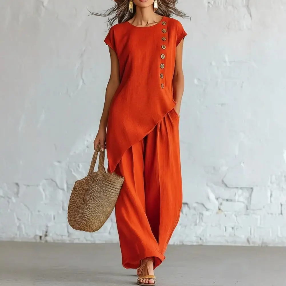 

Women's Summer Casual 2 Piece Sets, Buttons Short Sleeve Top And Wide Leg Pants Matching Sets, Women Vacation Lounge Outfits