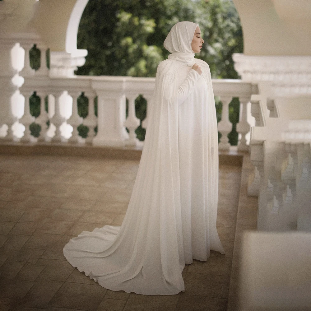 

Elegant Muslim Wedding Dresses with Cape Hijab Long Sleeve High Neck Bride Dress Sweep Train Stain Beading Bridal Customized