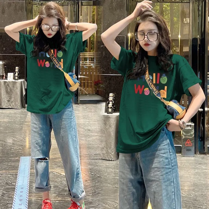 

Свободная женская хлопковая футболка в корейском стиле с коротким рукавом и круглым вырезом, черная, летняя, удобная, дышащая, повседневная