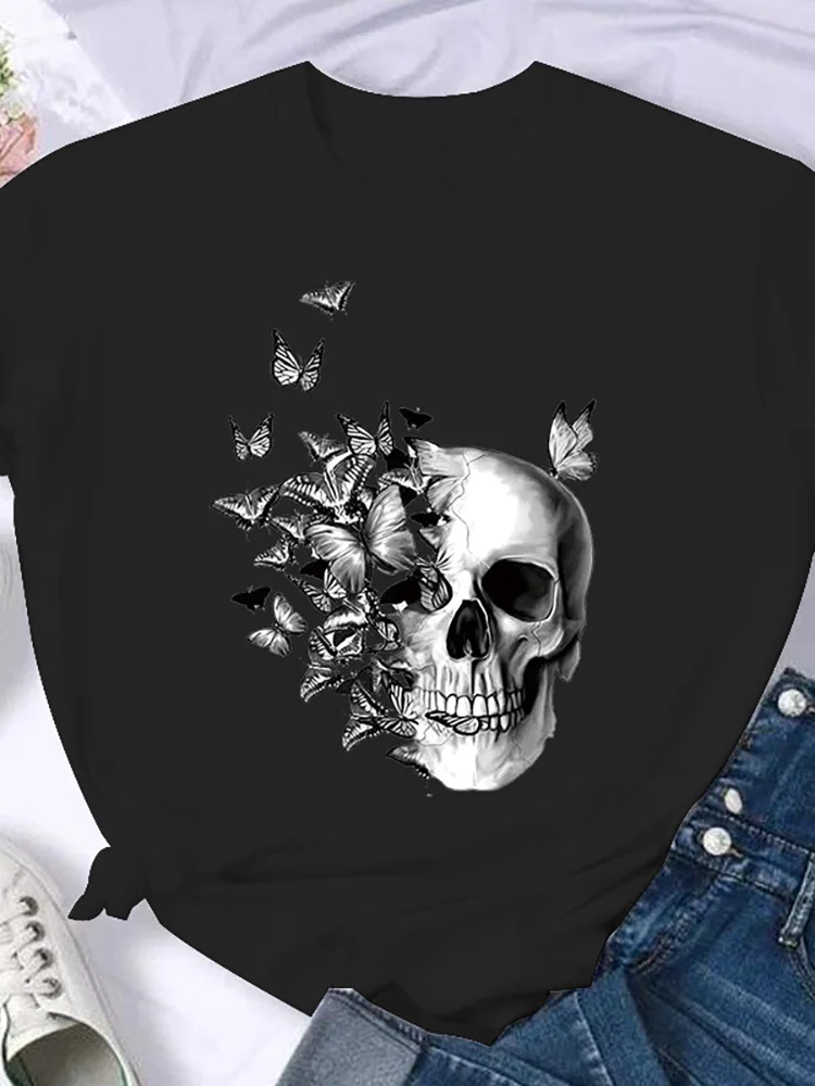 

Women T-shirt Fashion Funny Butterfly Skull 90s Style Black Tshirt Female Tops Graphic Short sleeve Clothes Ladies Tee T-shirt