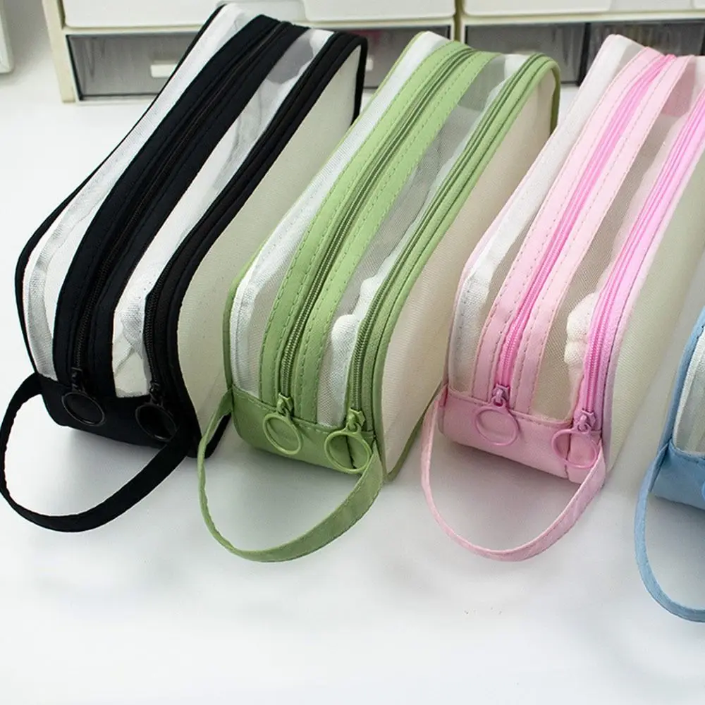 

NEW Large Capacity Pencil Case Zipper Closure 2 Compartment Stationery Bag Mesh Handheld Design Pen Bags Student