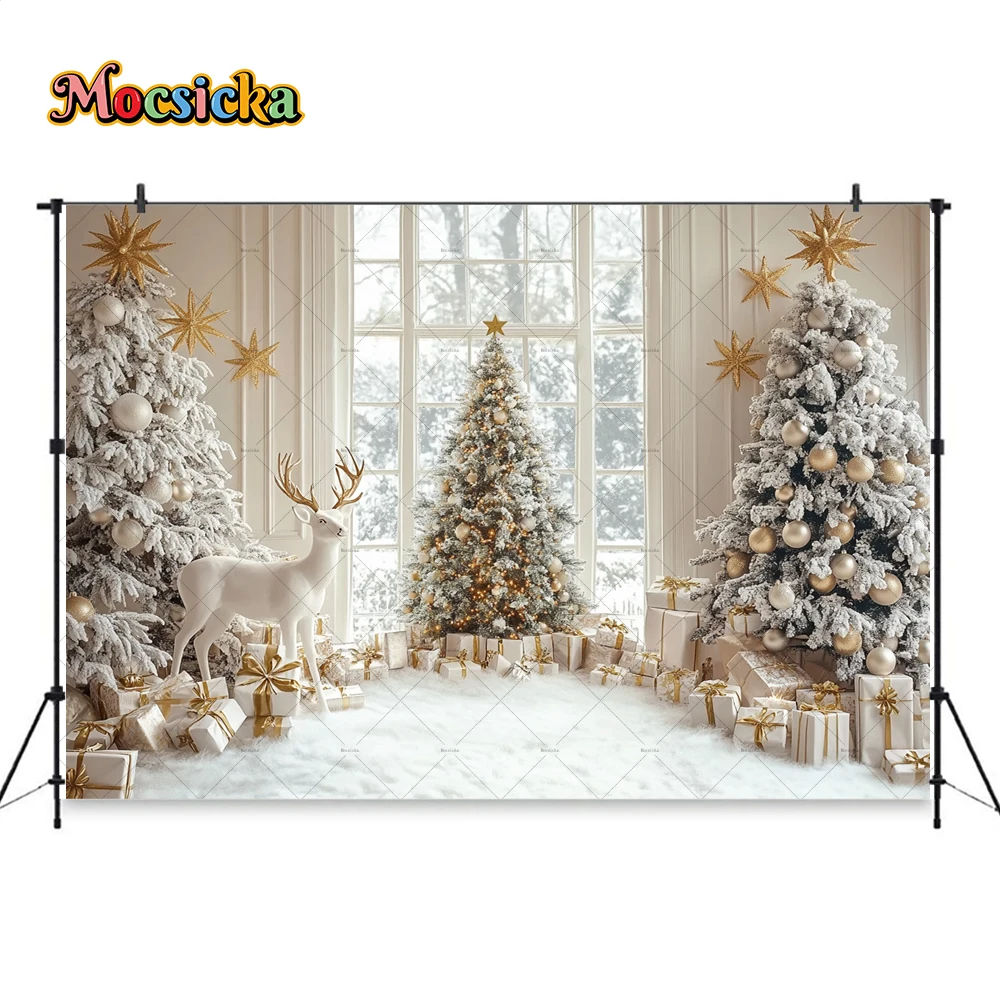 Mocsicka Christmas Room Photography Background Gold Xmas Tree Window Gift Elk Backdrop Decor Girl Child Birthday Photo Studio