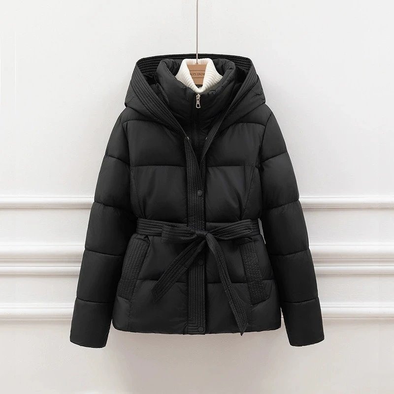 New Korean Thick Down Cotton Jacket Women Winter Short Jacket Hooded Strap Warm Coat Female Snow Wear Outwea Parkas Overcoat