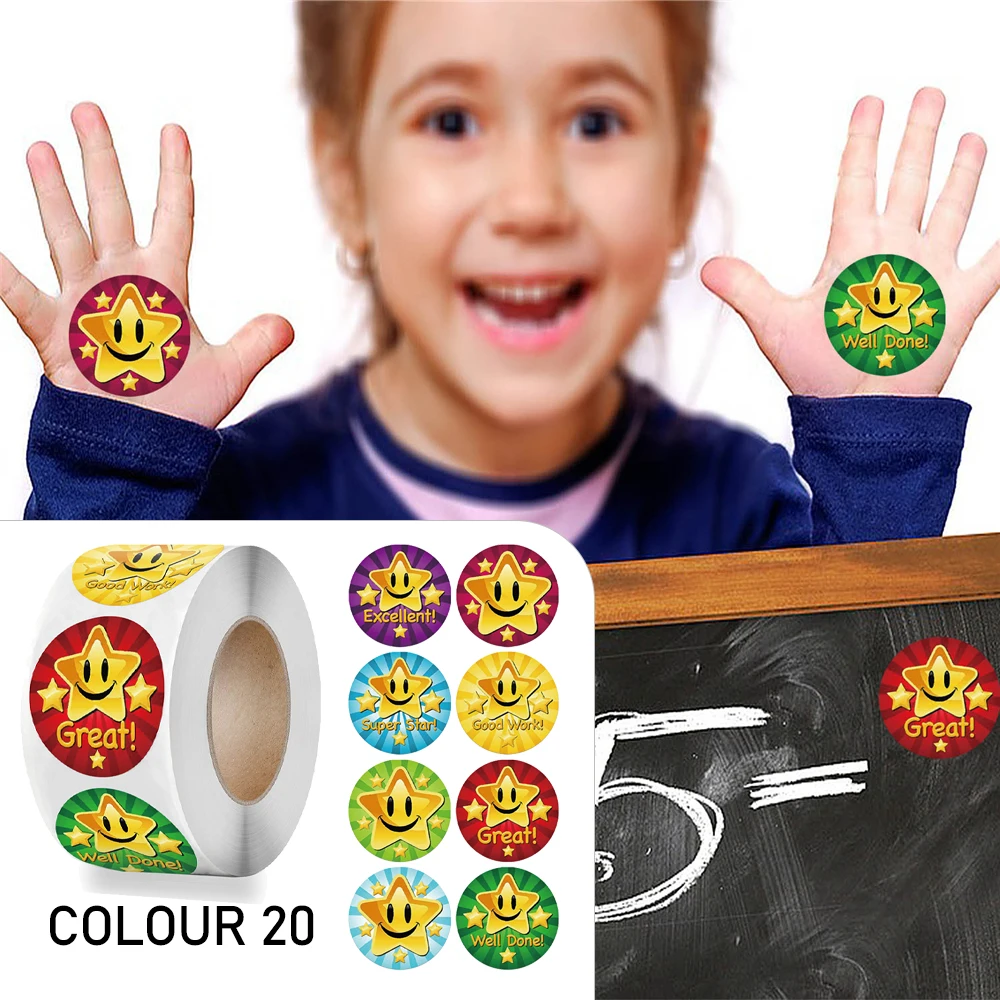 Rollo de pegatinas de recompensa y aliento para niños, sello de papel de álbum de recortes para estudiantes, profesores de escuela, papelería para niños, 500 Uds.