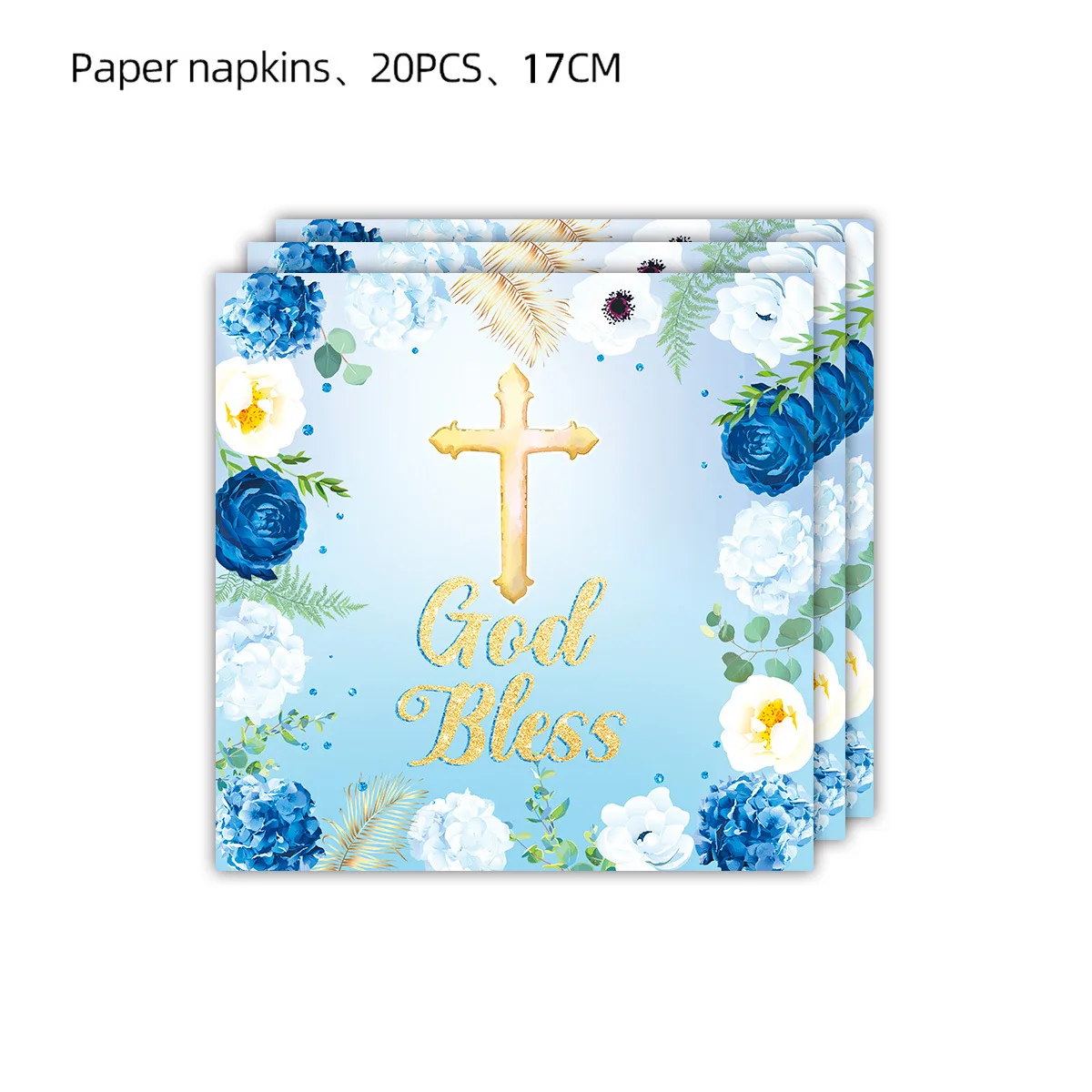 Faith-Religious Napkins, Cross Paper Napkins, God Bless Flower, Disposable, First Communion, Holy Christening, Blue