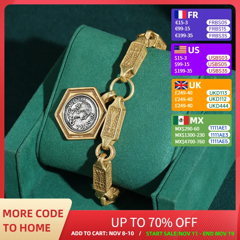 

Vintage Bamboo Chain Hexagonal Portrait Beauty Pendant Bracelet For Women Antique Gold Color Retro Accessories Gift 2025 New