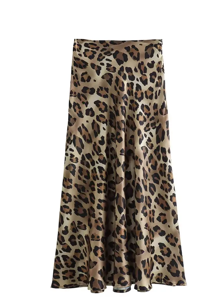 Hh 2024 feminino elegante midi saias retro leopardo impressão de cintura alta cetim a linha moda feminina bottoms streetwear saia midi