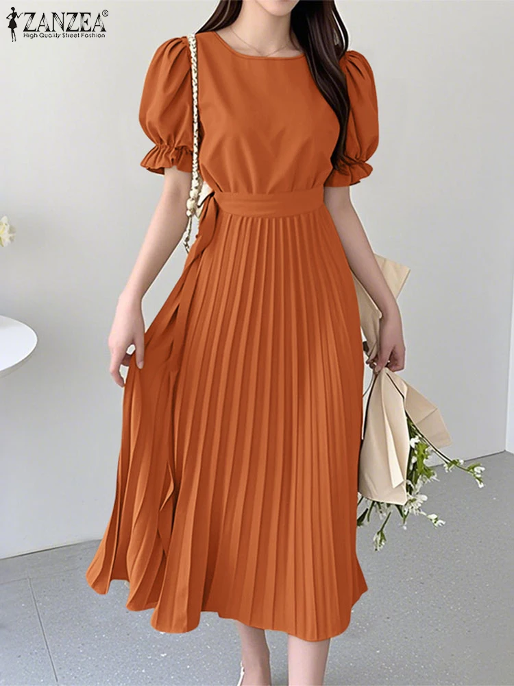 2025 ZANZEA Elegant ผู้หญิง Midi ชุดเดรสฤดูร้อน Sundress O คอสั้นพัฟแขนทํางาน Vestidos Solid A Line Dress Robe