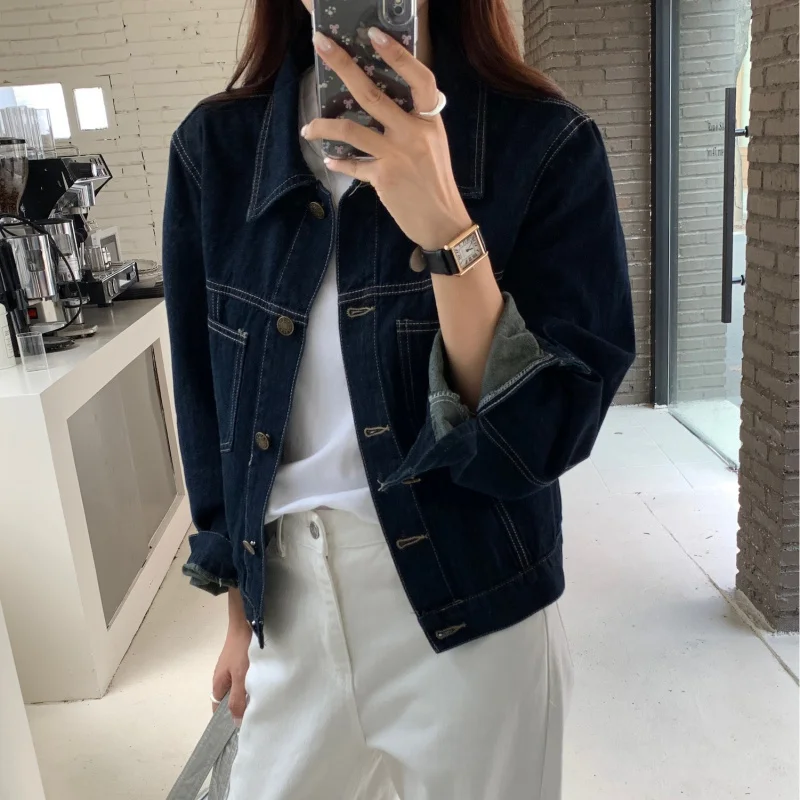 

Autumn New Dark Blue Short Women Korean Style Casual Pocket Design Workwear Top