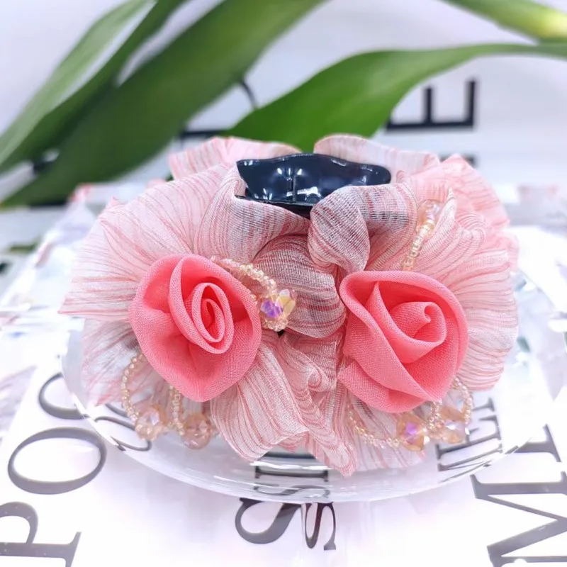 Blumen-Haarspange für Damen, elegante Haarklammer mit Rosen-Design und Spitze, handgefertigte Haarnadel für Hochsteckfrisuren – Detail 11