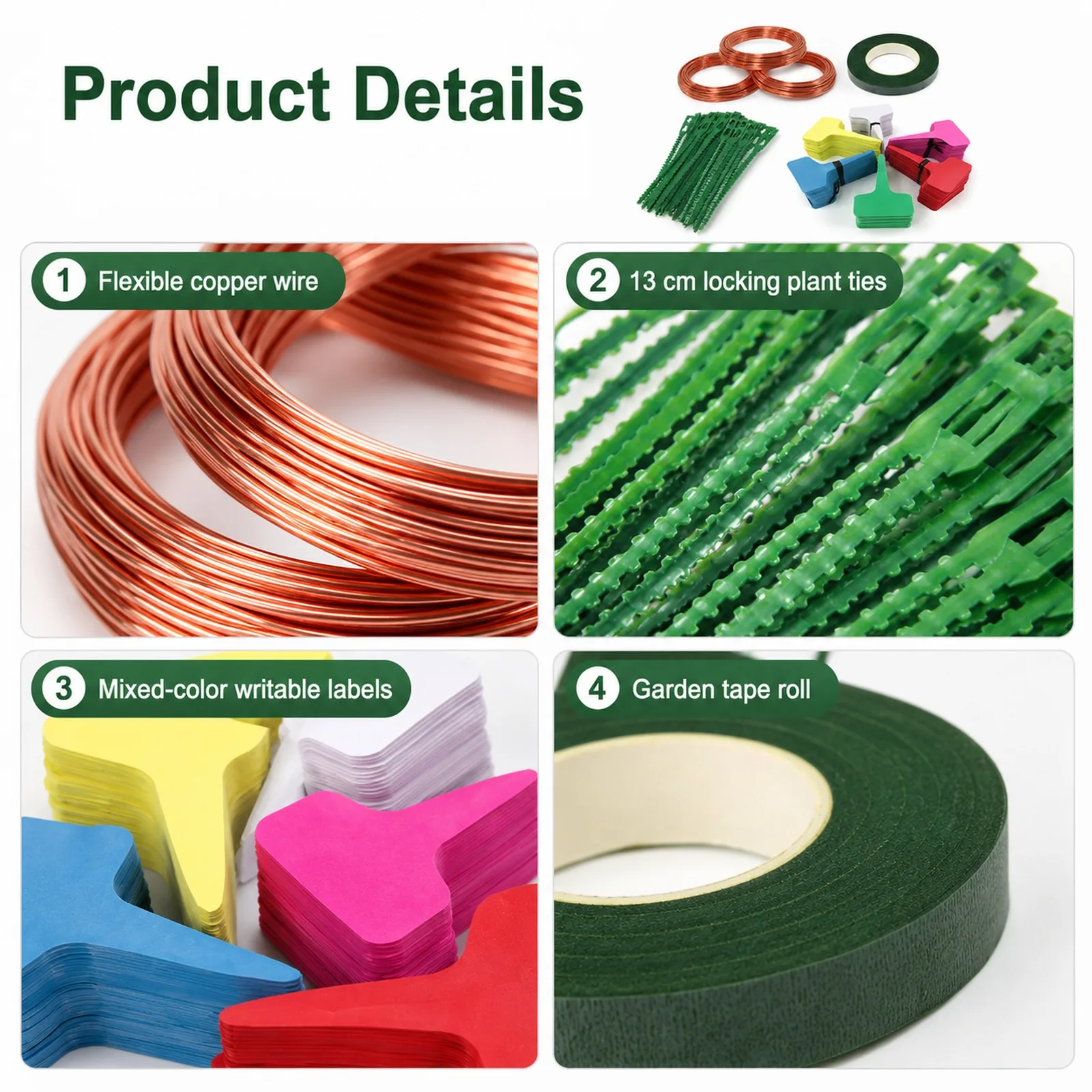 4-in-1 Garden Plant Support Kit with 3 Rolls Copper Wire 50 Mixed Color Plant Labels 100 Pcs 13cm Plant Ties and Garden Tape