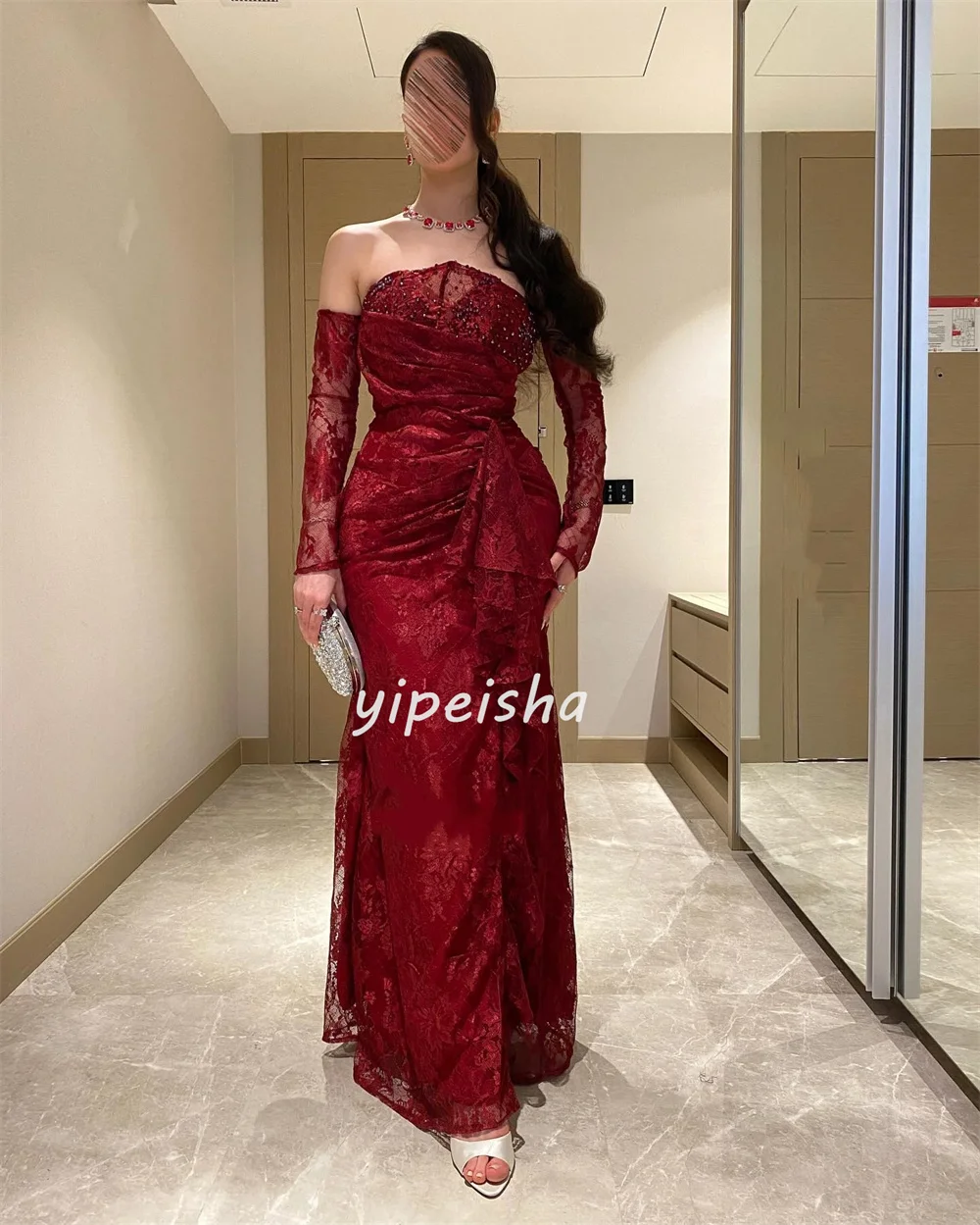 カスタマイズされた絶妙な複雑なレースビーズプリーツストレートストラップレスロングドレスオーダーメイドオケージョンドレスサイズ利用可能セクシー