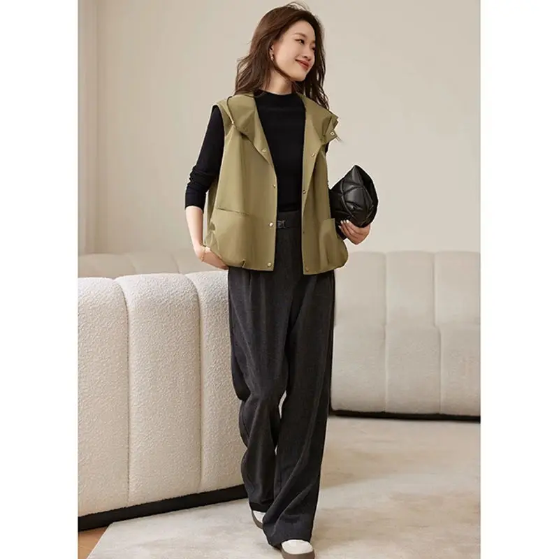 2024 Autumn Women Stylish Simple Chic Sleeveless Hooded Jacket Vest Female Korean Casual Pockets Loose Outewear Solid Waistcoat