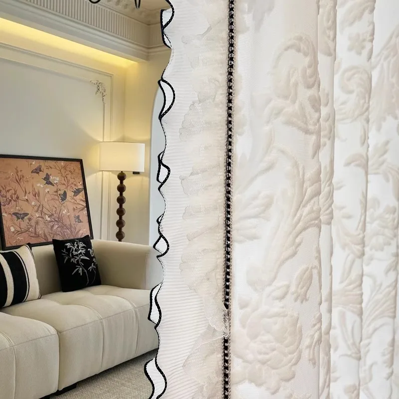 French Style Sheer Curtains for Living Room Translucent Not See Through Retro Relief Velvet Thick Semi Sheer Luxury Window Drape