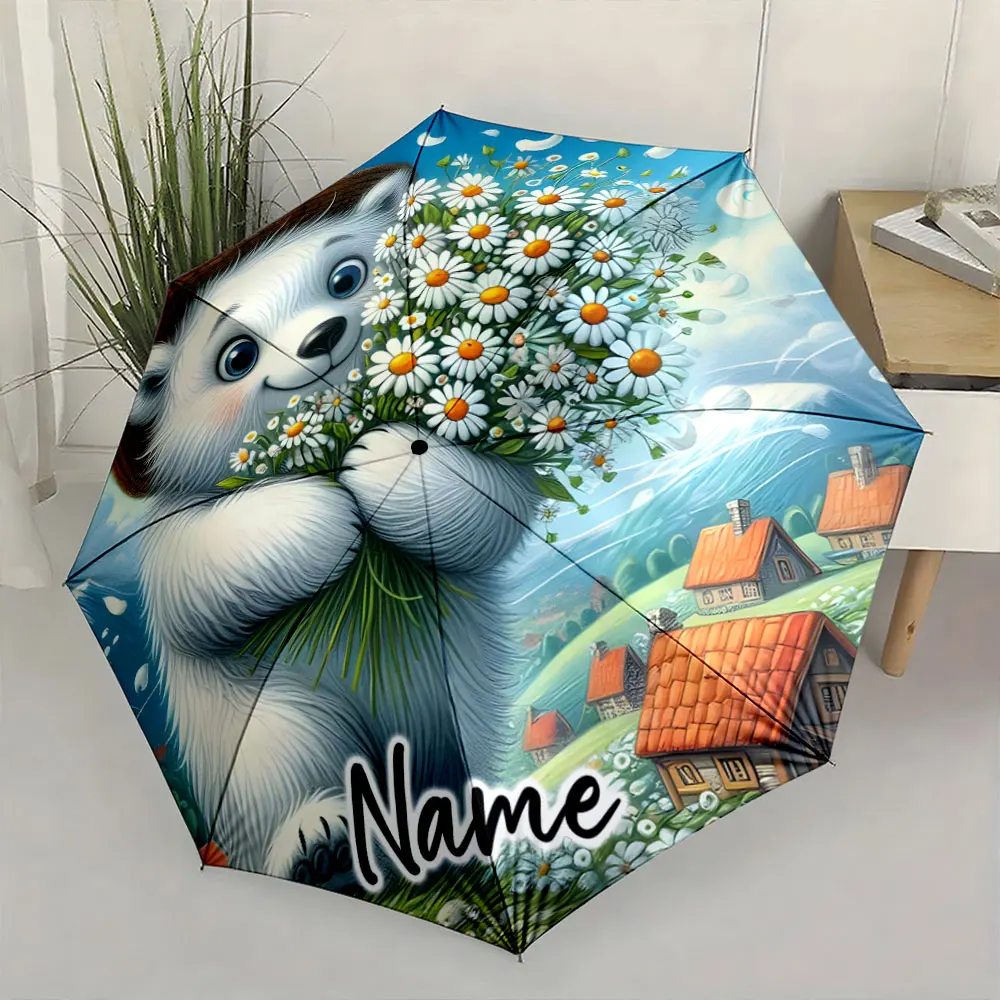 Custom Name  Cheerful Bear Holding Daisies in Countryside Artwork Print 8 Iron Ribs Folding Umbrella Auto-Open Fashion Sunshade