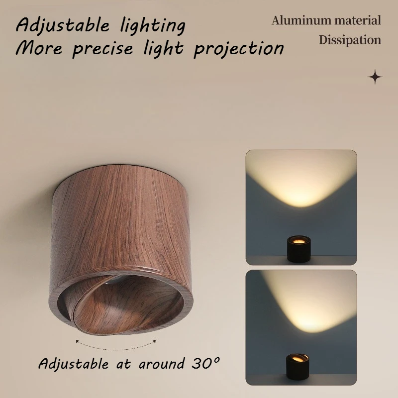 Retro Walnut Wood-Grain Surface Mounted LED Spotlight Adjustable Angle Anti-Glare Ceiling Spot Light for Living Room Home indoor