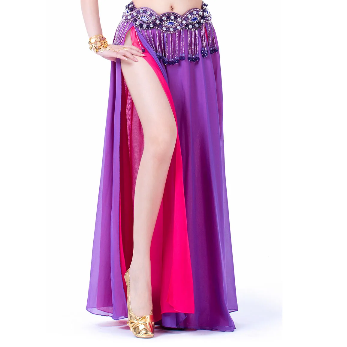 Sexy 2-color Spliced Double-layer Chiffon Slit Long Skirt Belly Dance Performance Costume for Lady