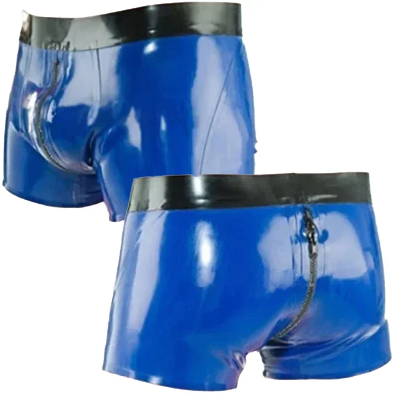 

Gummi Latex Pure Rubber Classic Shorts Fitness Underwear Blue Sportswear Brief with Crotch Zipper 0.4mm