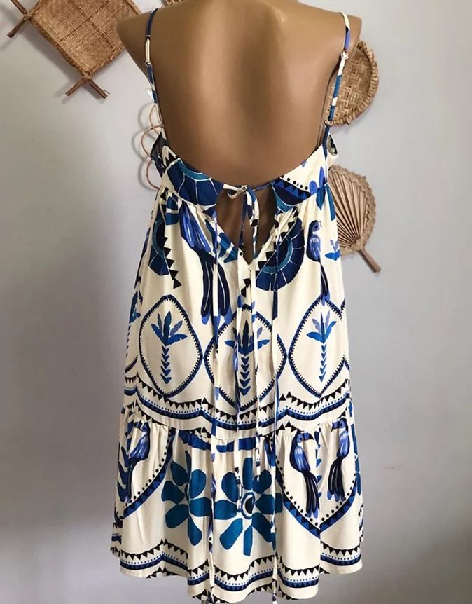Robe de vacances femme Vintage imprimé Tropical mince sangle a-ligne Mini robe élégante décontractée à lacets et dos nu robe à bretelles