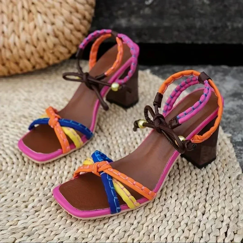 Brazil Fashion Luxury Twist Woven Sandals Color Blocking Designer Brand Women\'s Shoes Thick with High Heel Sandals Female Casual