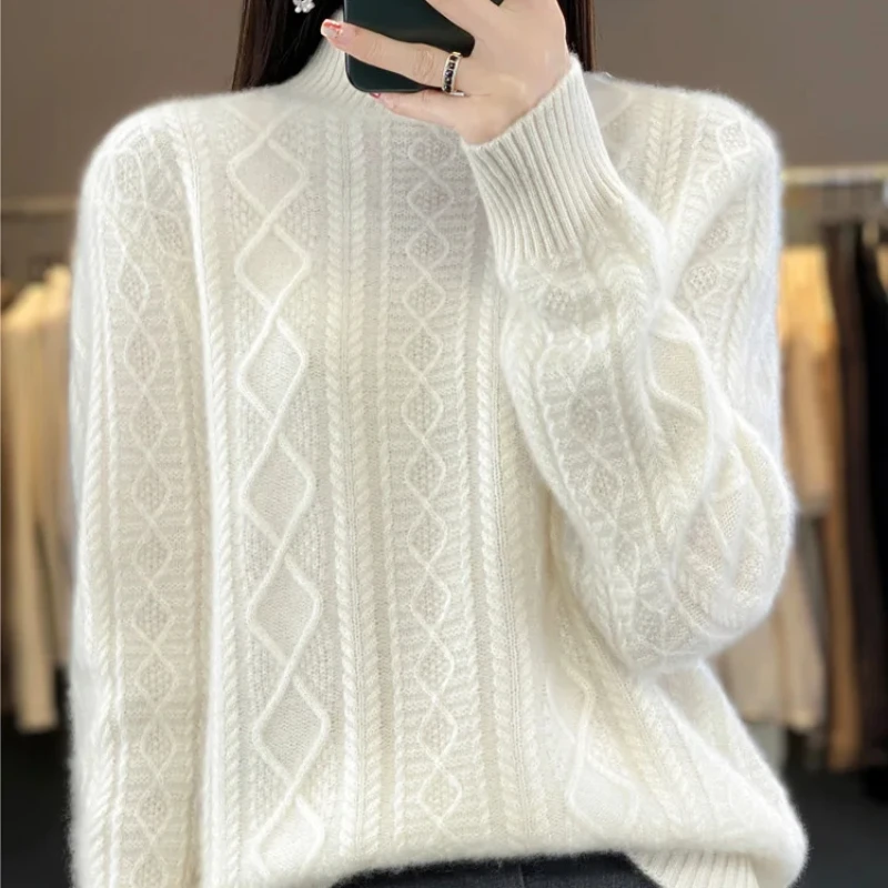 Autumn and winter New Diamond twisted wool tops women's thickened half-high collar pullover wool loose knitted bottoming shirt