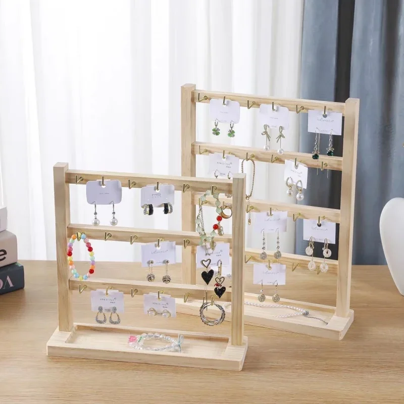 

Multi-Tiers Metal Hooks Holes Earring Display Holder Jewelry Shelf Wood Base Stand Necklace Watch Shelf Stand Counter Durable