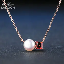 LAMOON Freshwater Pearl Necklace For Women 925 Sterling Silver Jewelry Garnet Gemstone Pendant 18K Rose Gold Plated LMNI054