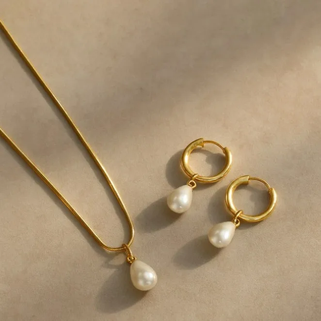 Luxury Bridal Stainless Steel Waterproof And Non-Fading Stylish Women's Water Droplet Pearl Hoop Earrings Necklace Jewelry Set