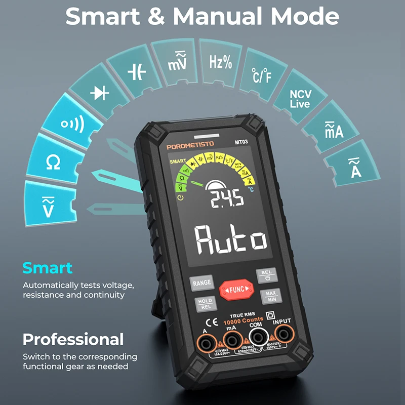 POROMETISTO MT03 multimetr cyfrowy 10000 zliczeń inteligentny multimetr akumulatorowy True RMS 1000V 10A Ohm Hz pojemność NCV Tester