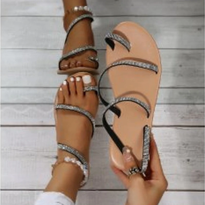 New Summer Flat Sandals Pearl Embellished Sandals Leather Flats Women\'s Beach Beach Resort Shoes Shiny Plus Size Womens Sandals