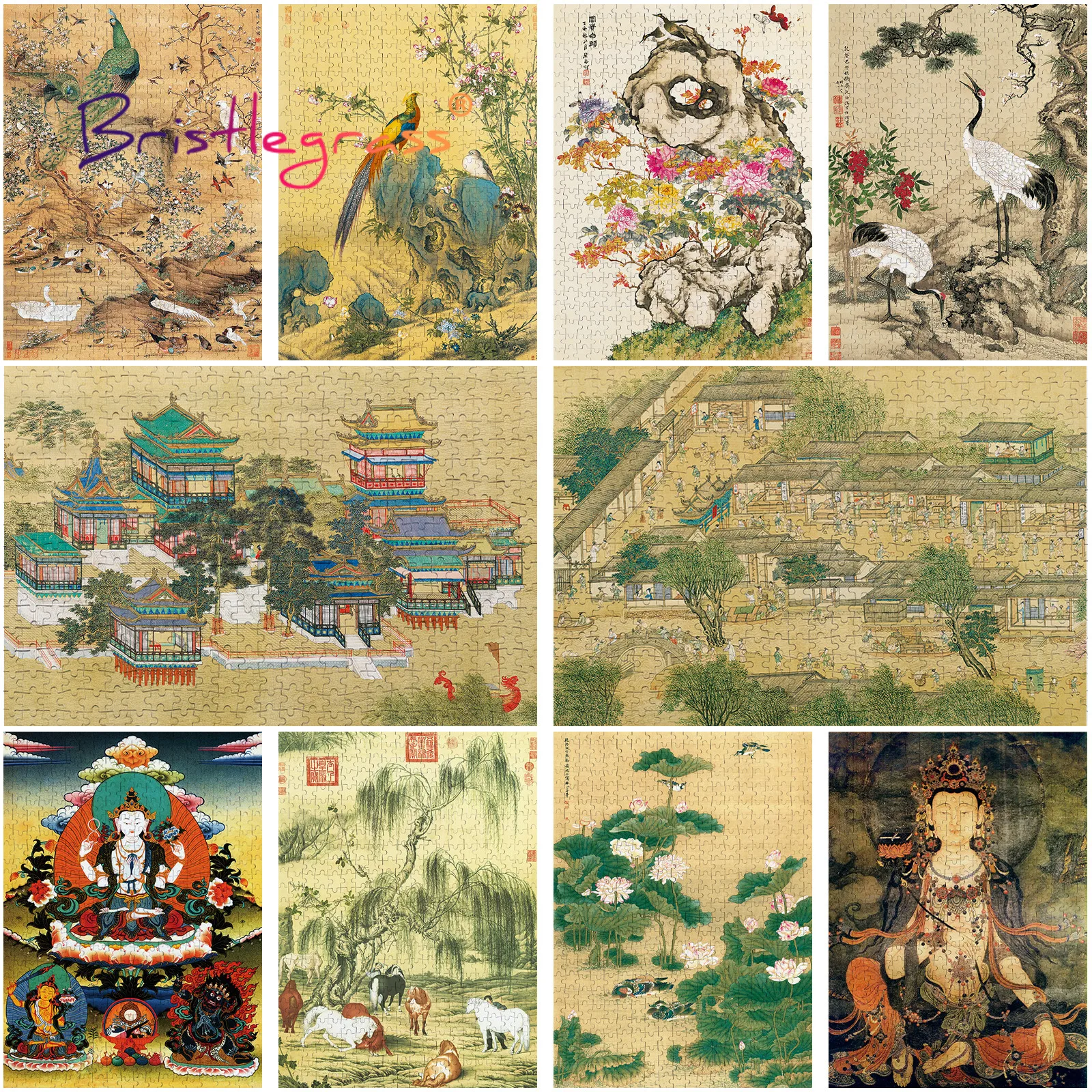 BRISTLEGRASS Wooden Jigsaw Puzzle 500 Piece Crane Peacock Bird Flower Chinese Painting Thangka Art Collectibles Toy Game Decor