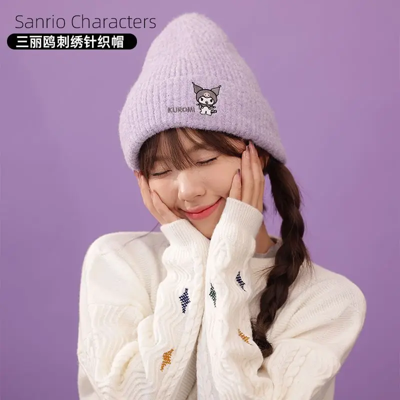 

Kawaii Sanrio My Melody Kuromi Monochrome Knitted Hat Cartoon Anime Plus Velvet Hat To Keep Warm In Winter sanrio accessories
