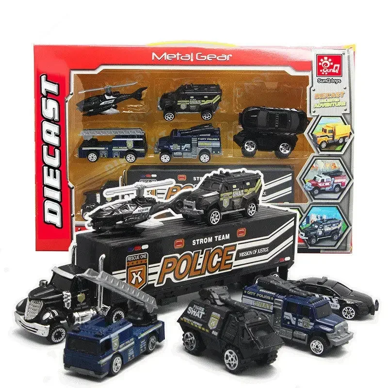 

7pcs/set Special police set Armored vehicle Helicopter ambulance Container truck Alloy collection model child gift toy
