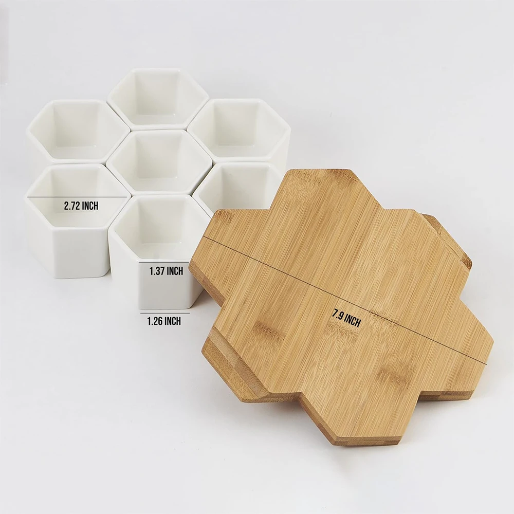 Planter Pots Indoor, 7 Pack Modern White Ceramic Small Hex Succulent Cactus Flower Plant Pot with Bamboo Tray Home Garden Decor