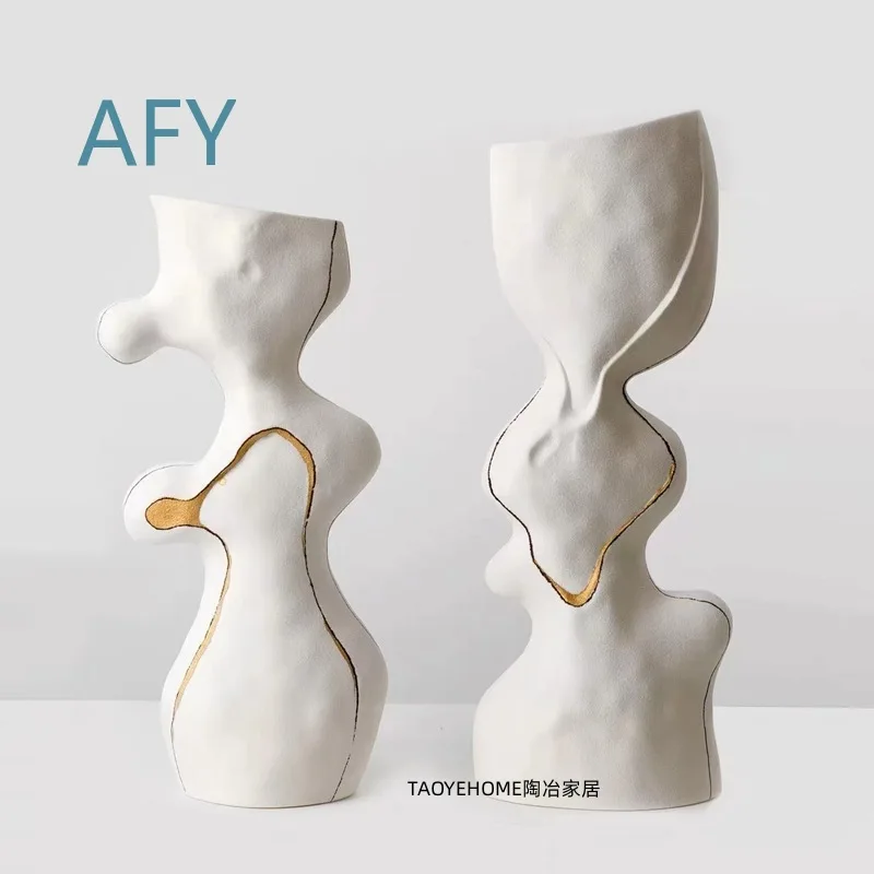 Modern Minimalist Gold-Trimmed Ceramic Vase for Living Room Hotel Airbnb Dining Table Home Decor Floral Arrangement