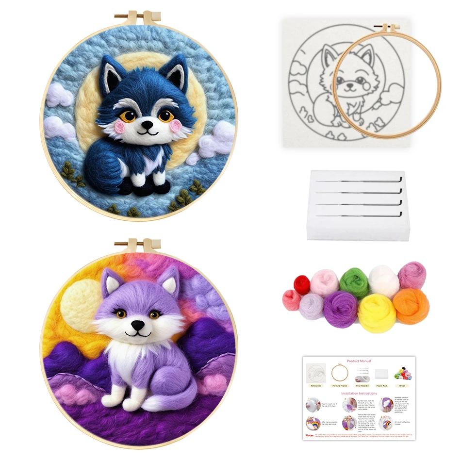 SDOYUNO-Pintura de fieltro de lana, kit de fieltro de lana de lobo Animal, marco de bordado, herramienta de fieltro, instrucciones incluidas, artesanía Diy, decoración del hogar