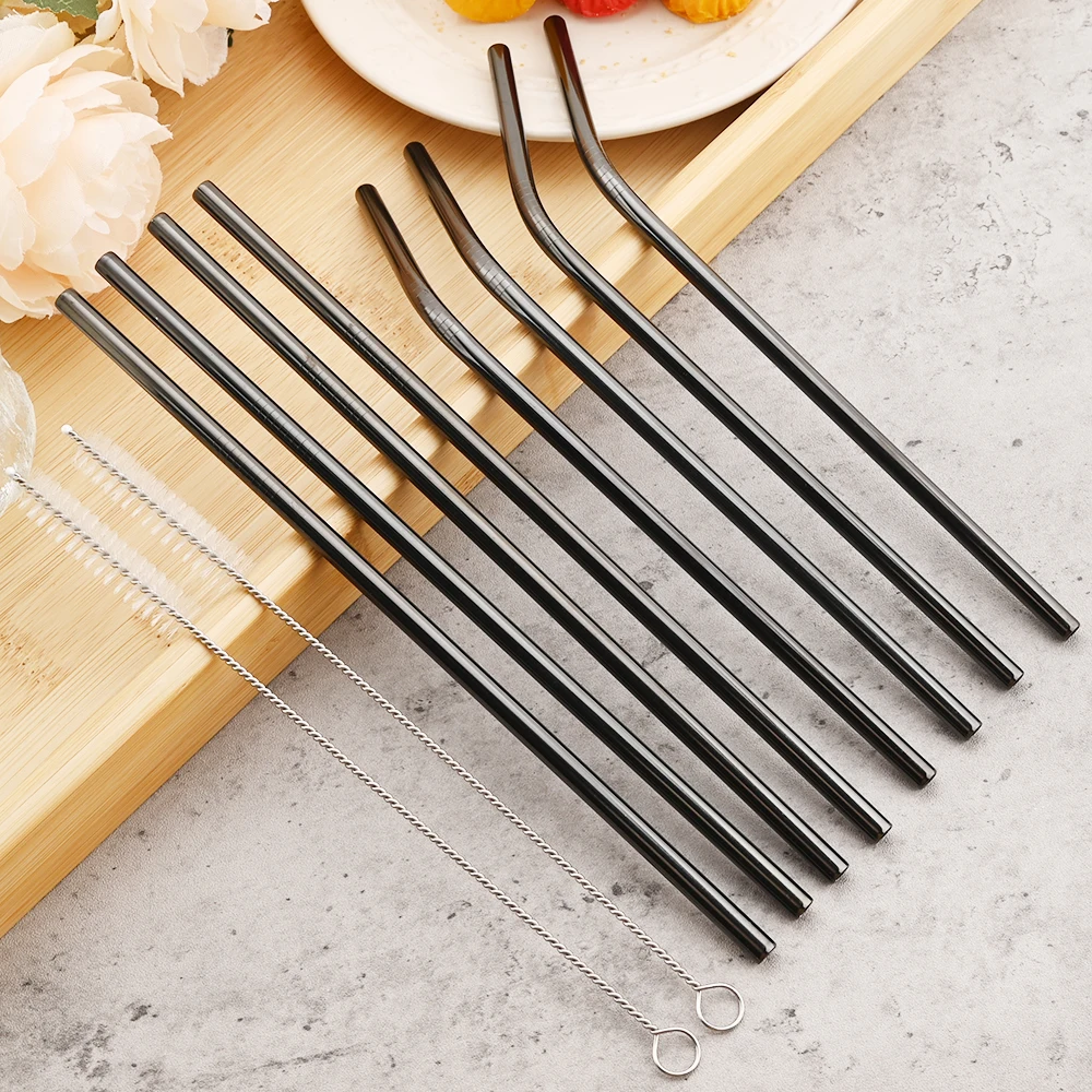 5pcs 304 Stainless Steel Straws Black Reusable Straw Set Straight Bent Drinking Straw With Bag Cleaning Brush Home Bar Accessory