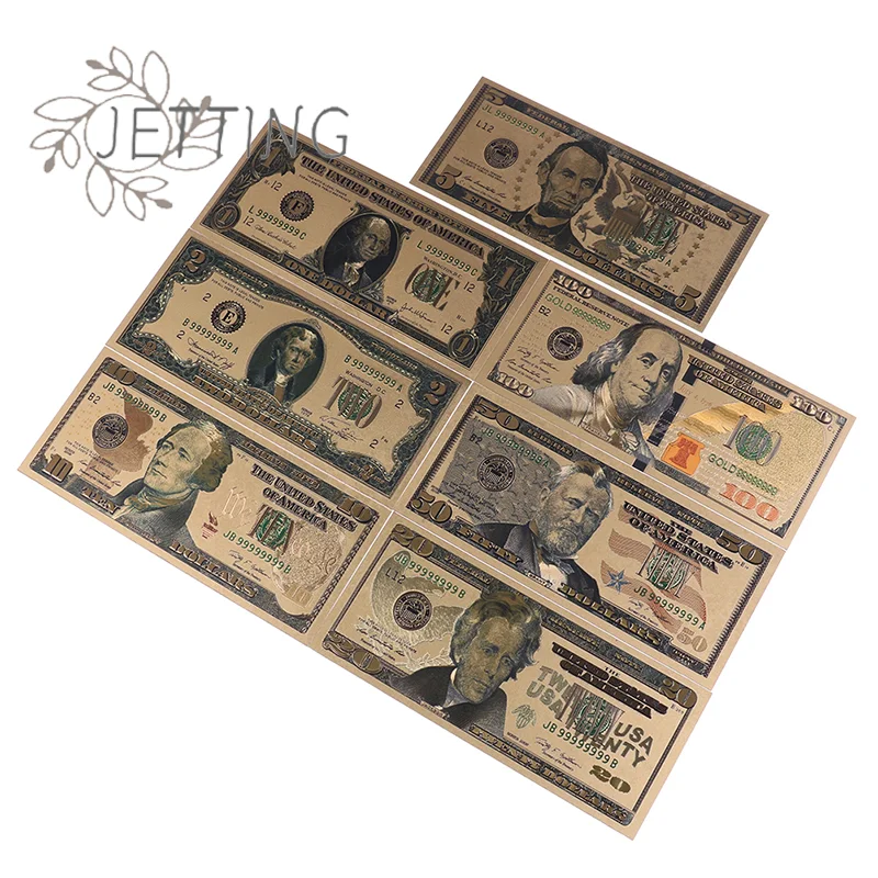 حار 7 قطعة/مجموعة 24K طبق الاصل مطلية بالذهب تذكارية الديكور الأوراق النقدية الواقعية الدولار العتيقة مطلي مذكرة تذكارية البلاستيك