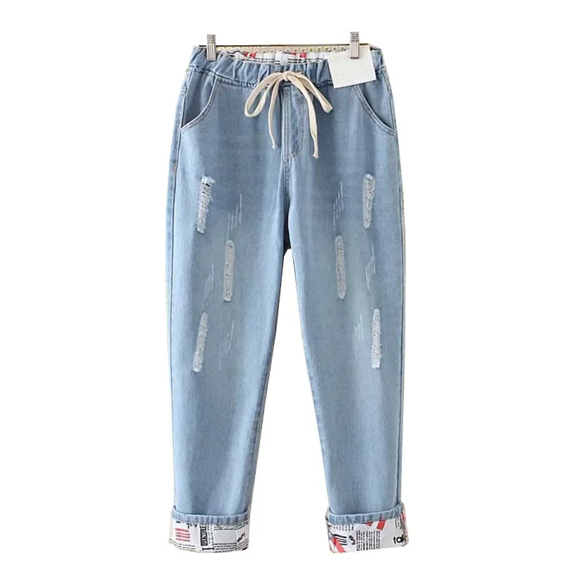 Imagem -02 - Cintura Alta Elástica Bainha Namorado Solto Rasgado Harem Jeans Mãe Luz Azul Algemado Casual Tornozelo Comprimento Capris Calças Jeans Baggy