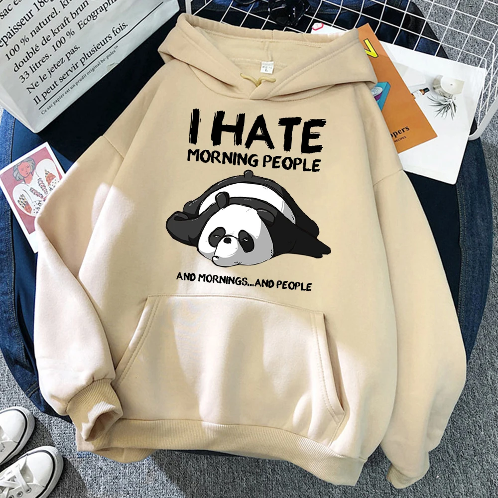 Panda Hate Morning People Mens Sweatshirt Casual Fashion Pullovers Loose Simple Clothing Fleece Unisex All-Match Long Sleeve