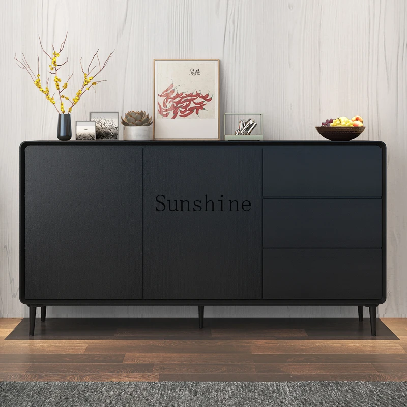 

Integrated storage cabinet against the wall, minimalist living room, black tea bucket cabinet